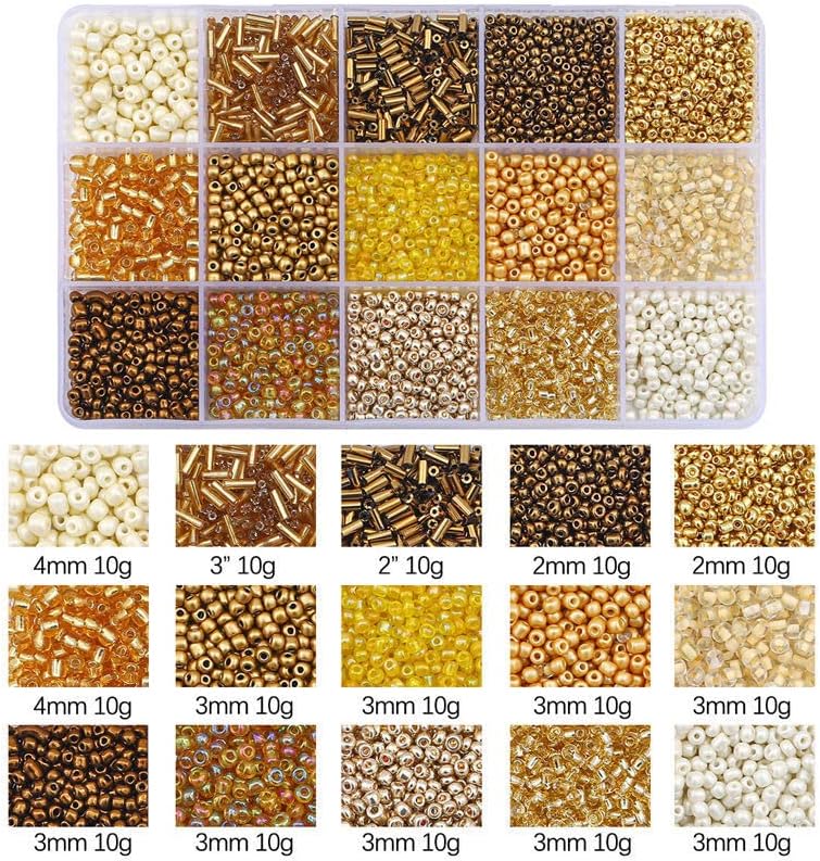 Basigeese Mix 15 Color Glass Seed Tube Beads Glass Bugle Beads Loose Kit for Jewelry Making DIY Craft Beading (Mix 15 Color, Gold) - Image 2